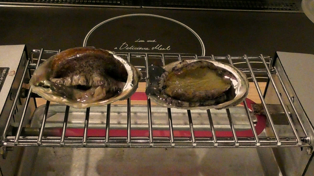 焼き鳥用の卓上電気グリルの網の上に、殻ごとのせた小ぶりの鮑が2個