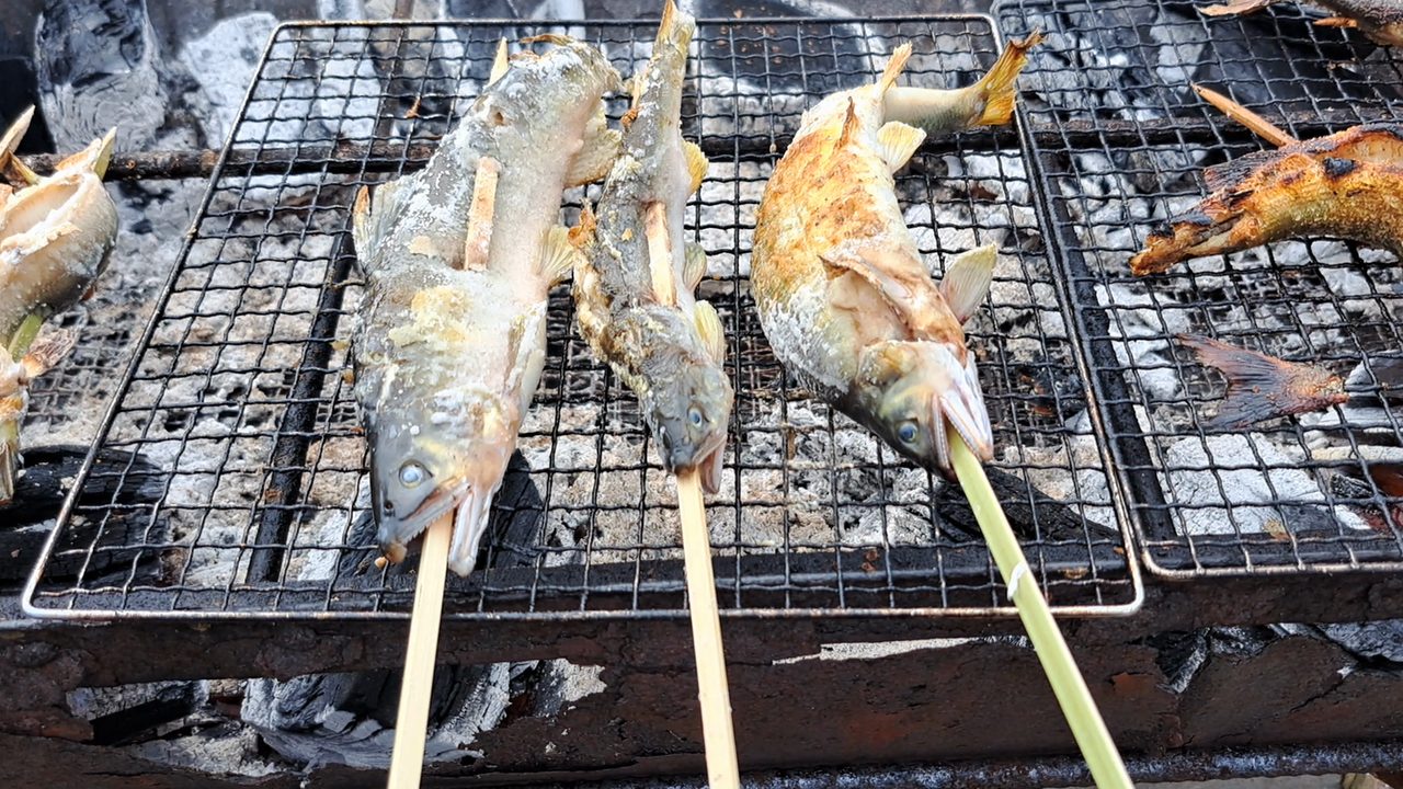 炭火の網の上で焼き色がついてきた串打ちの鮎3本
