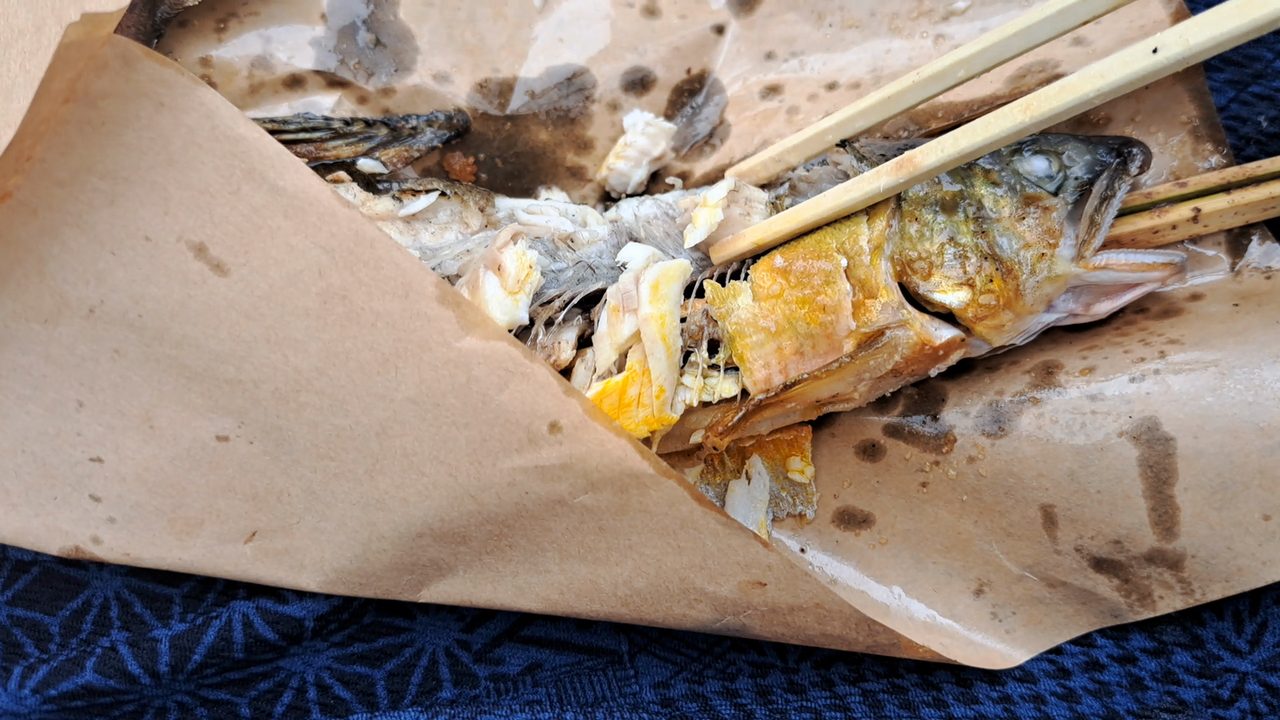 膝の上の紙の上で箸でほぐした鮎の身