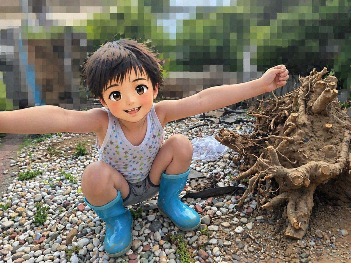 抜いた根の横でポーズする息子（アニメ加工済み）
